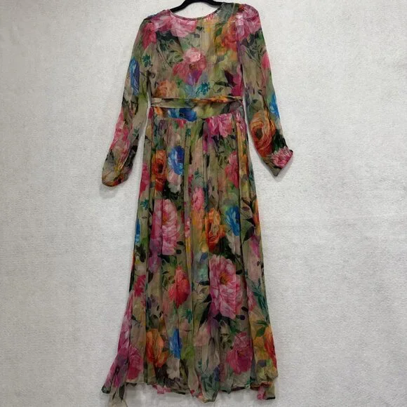 Sundance Dress Womens XS Multicolor Floral Maxi Sheer Button Front Tie Waist - Picture 3 of 8